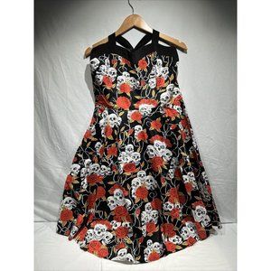 NWT AYLI Black dress Skull Floral Fit And Flare 1950 Vintage RETRO 16‎